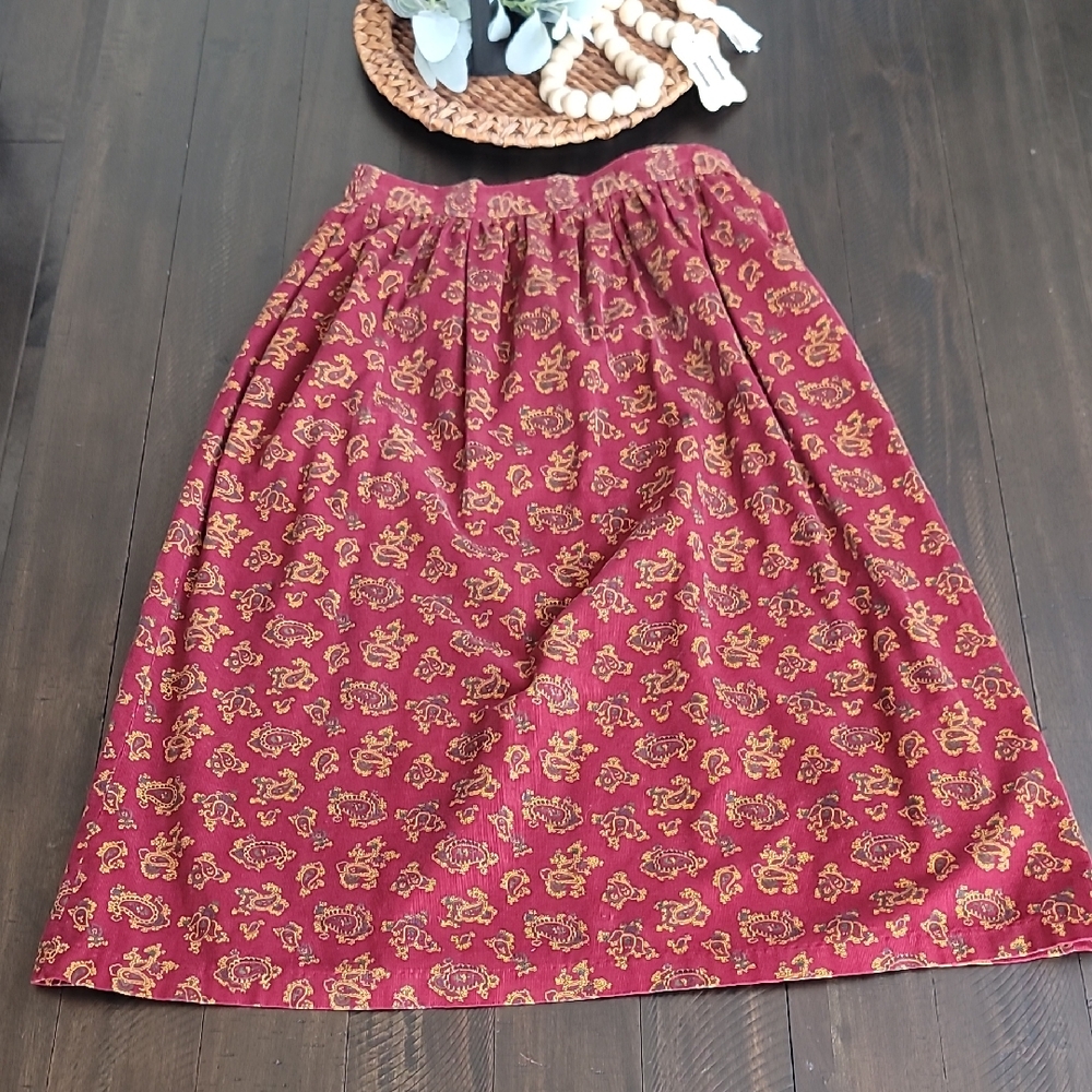 Vintage Karen Scott Corduroy Midi Paisley Skirt Burgundy Side Pockets A-line
